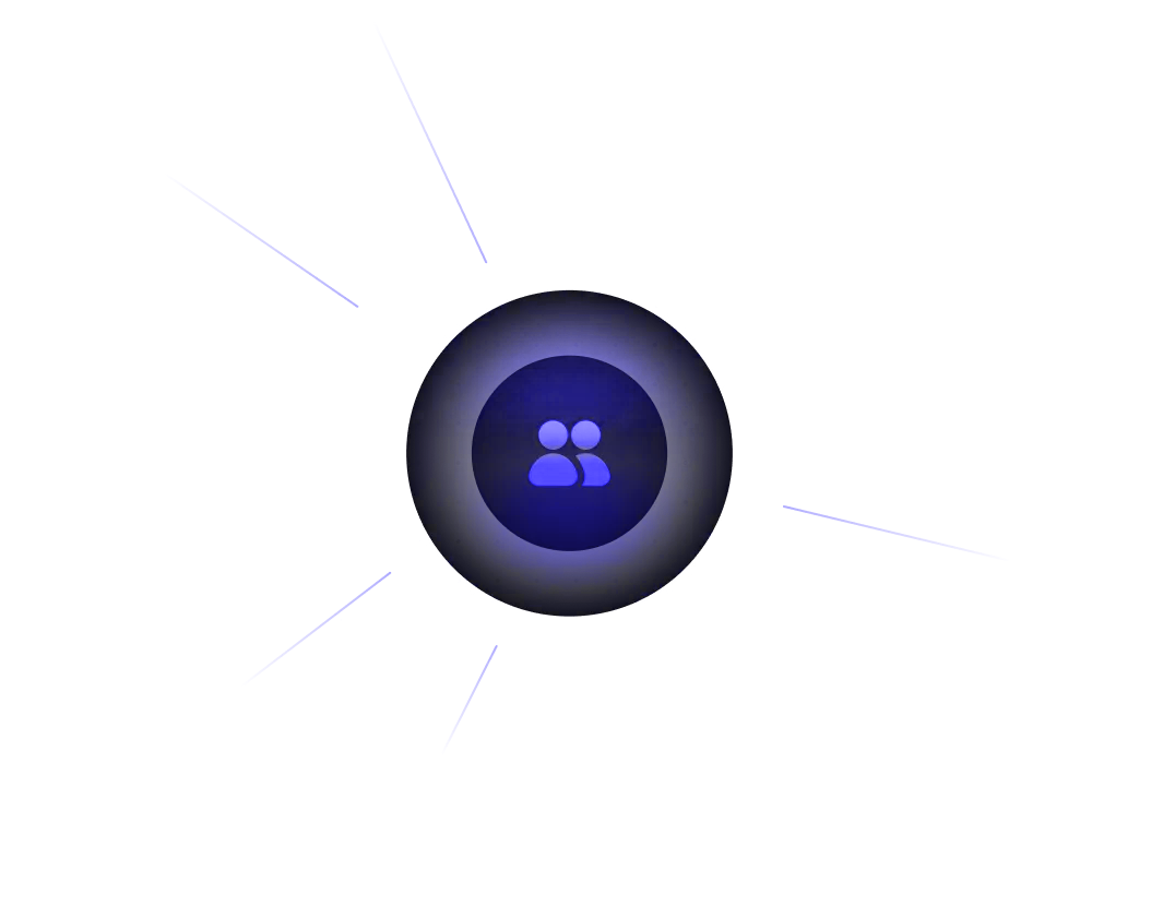 A glowing blue circle with a white user icon in the center, surrounded by radiating lines and a grid of small white dots on a black background.